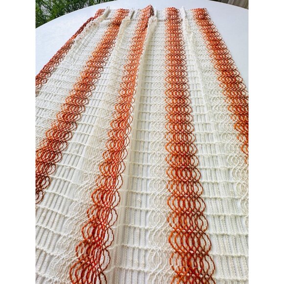 Vintage 70s mesh curtain, tan, rust, orange wavy stripes, rod header, per panel - Picture 4 of 9